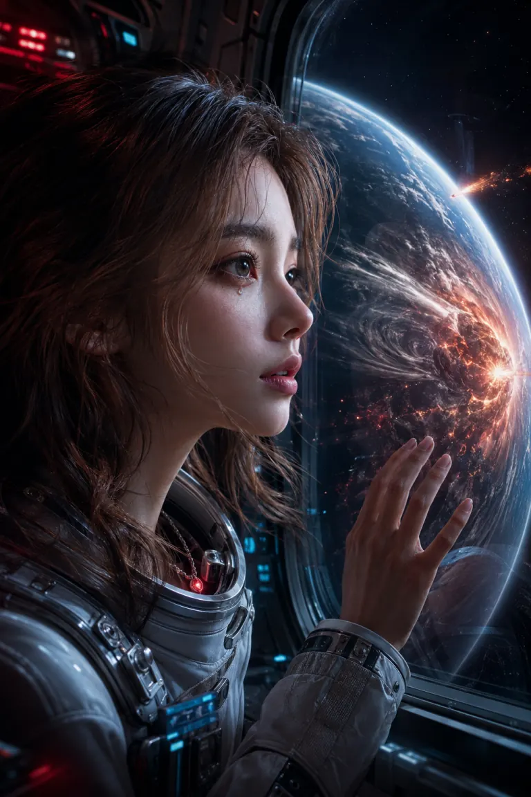 科幻人物在舷窗前凝视受灾行星的《异星游记》概念视觉